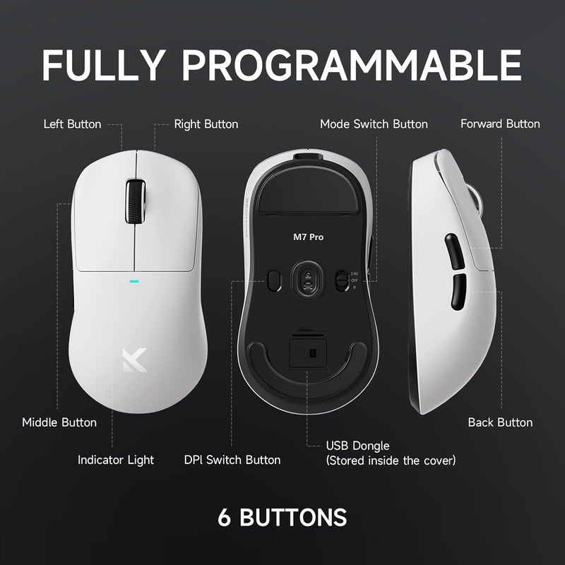 MCHOSE M7 Pro Wireless Gaming Mouse, 8K Polling, 55g Lightweight Ergonomic Computer Mouse PAW3395 Optical Sensor 650 IPS, 26000 DPI, 6 Programmable Controls USB-C 3-Modes PC/Mac White - Image 2